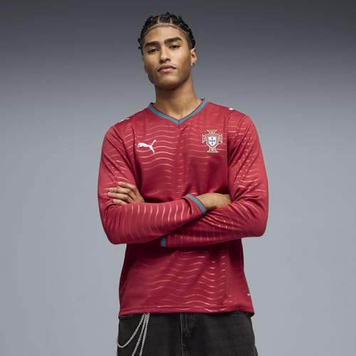 PUMA Men's 2026 Portugal Home Long Sleeve Replica Soccer Jersey - Club Red-Green Lagoon, XL