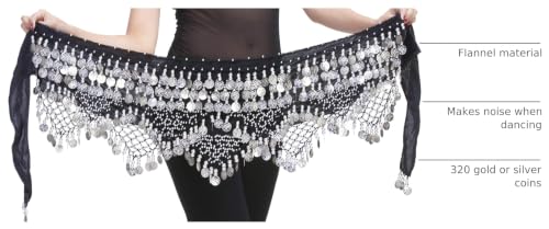 Belly Dancing Waist Chain with 320 Coins - Black & Silver Hip Scarf