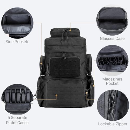 Modular Tactical Range Backpack with 5 Pistol Cases for Hunting & Shooting