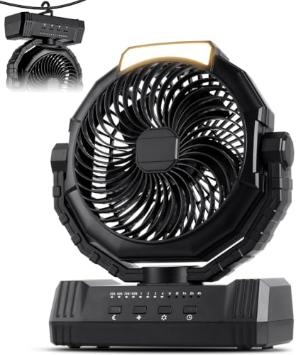 Black Large Portable Camping Fan with 20000mAh Power Bank & Light