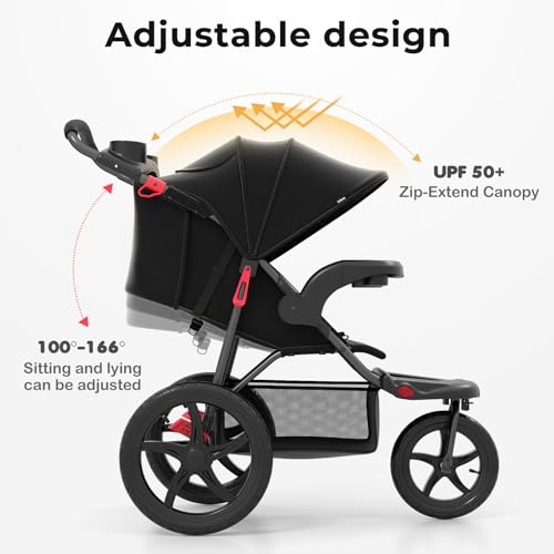 INFANS Foldable Jogging Stroller with Air-Filled Tires - Black, Adjustable Backrest