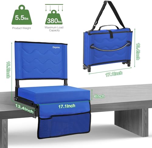 Blue Stadium Bleacher Seats with Back Support & Cushion - 2 Pack - Foldable & Portable
