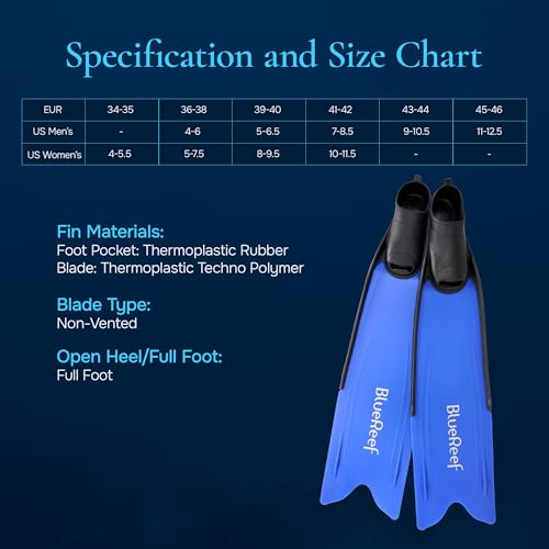 Blue Reef Freediving Fins - Full Foot Snorkel & Spearfishing Fins, Dark Blue, Size 45/46