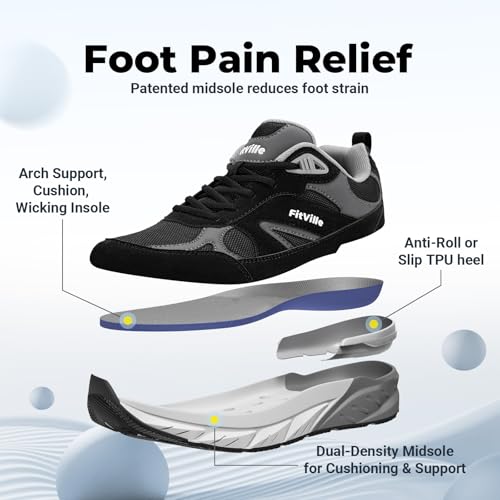 FitVille Wide Walking Shoes for Men - Extra Wide Sneakers with Arch Support, Heel Pain Relief & Plantar Fasciitis - Black & Slate Grey, 13 XX-Wide