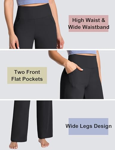 Women High Waist Wide Leg Yoga Pants with Pockets - Loose Sweatpants, 31" Inseam, Large, Black