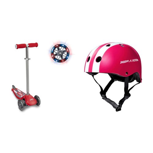 Radio Flyer Lean 'N Glide Scooter with Light Up Wheels, Kids Scooter, Red Kick Scooter, for Ages 3+ & Pink Helmet, Toddler or Kids Helmet for Ages 2-5 (AC100P)
