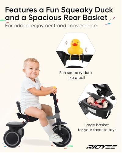 RIDYEE Foldable Toddler Tricycle with Push Handle, Grey, for 18 Months to 5 Years