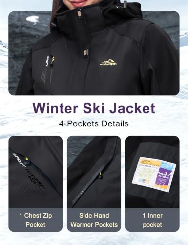 Women's 3-in-1 Winter Snow Ski Jacket Waterproof Windproof Fleece Lined Black Large