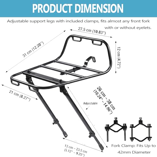 Bike Front Rack - Bicycle Cargo Rack with Support Struts & Adjustable Straps - Aluminium Universal Fit for Mountain Gravel Touring Bikes - Variation of Bike Rack