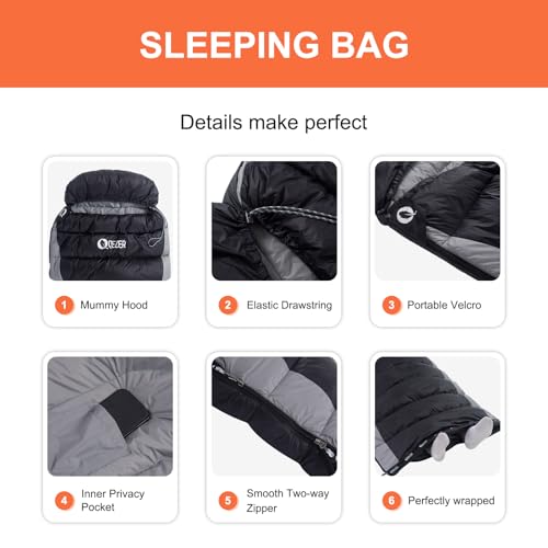 QEZER Grey Down Sleeping Bag for Adults, Lightweight Backpacking & Camping, 2.16 lbs