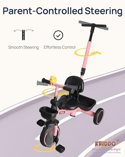 KRIDDO Pink 2-in-1 Parent-Controlled Toddler Tricycle for 1.5-5 Years