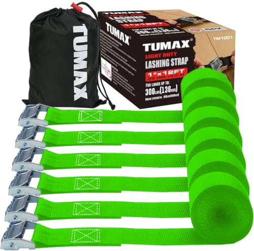 Heavy Duty Cam Buckle Tie Down Straps - Green 6-Pack, 1" x 12FT