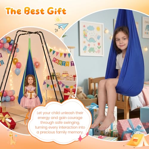 Light Blue Sensory Swing Set with Stand - Heavy-Duty Kids Indoor & Outdoor Autism Therapy Hammock, 350LBS Capacity