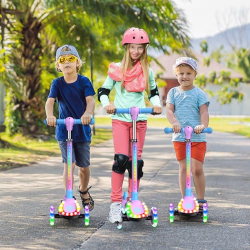 Kids Foldable 3-Wheel Scooter with LED Lights - Purple, Adjustable & Safe Ride