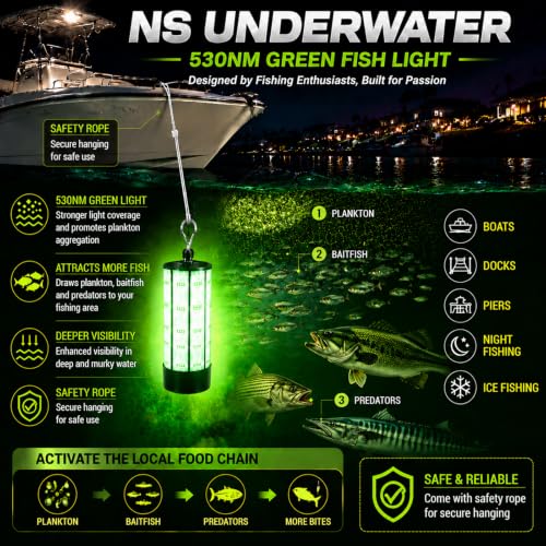 Underwater Fishing Light 60W 7500LM Green Submersible Fish Attractor with 30FT Cord