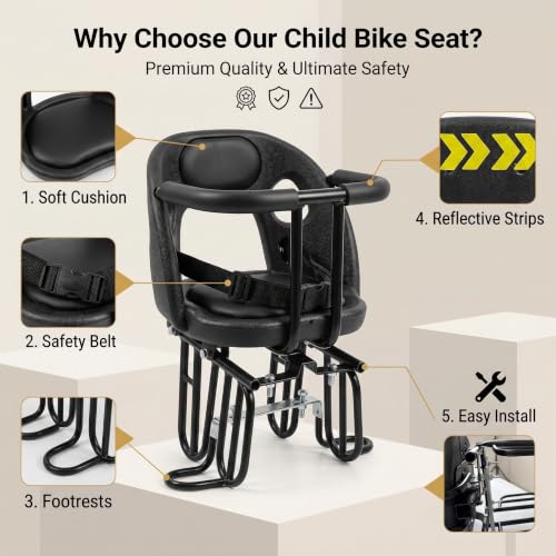 Kids Bicycle Seat with Reflective Tape, Safety Belt & Soft Cushion for Ages 18 Months to 8 Years