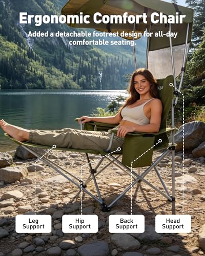 AKSOUL Green Folding Camping Chair with Shade & Cup Holder - Portable Beach & Outdoor Seat, Supports 330 lbs