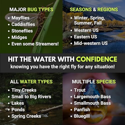 Fly Fishing Flies Assortment Kit with Fly Box - 15 Patterns for Trout & Bass