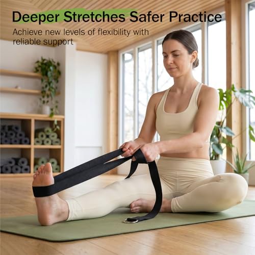 8 Feet Cotton Yoga Strap for Stretching - Black, Pack of 2, Adjustable D-Ring