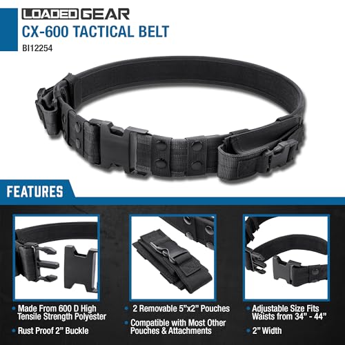 Black Tactical Utility Belt 34-44 Inches with Removable Pouches and Heavy Duty Buckle