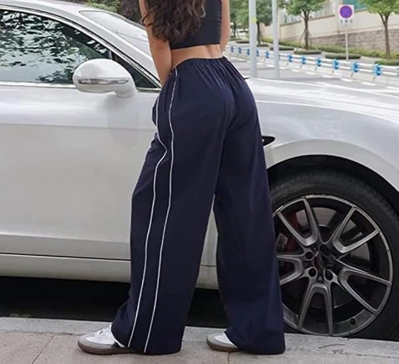 XPONNI Women's Baggy Y2K Parachute Pants Navy Small