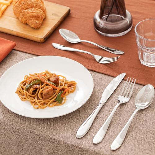 KINGSTONE 60-Piece Stainless Steel Silverware Set for 12, Modern Mirror Finish, Dishwasher Safe