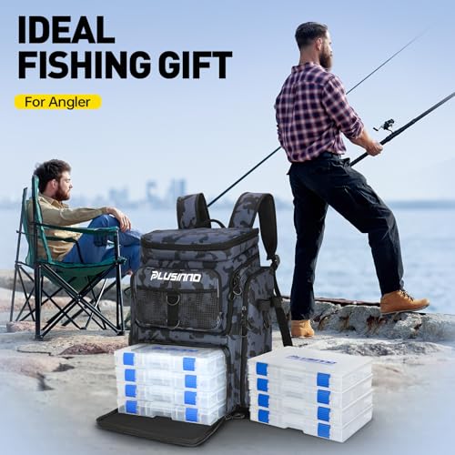 Water-Resistant Fishing Tackle Backpack with Rod Holders & 4 Tackle Boxes - 42L, Black Camo