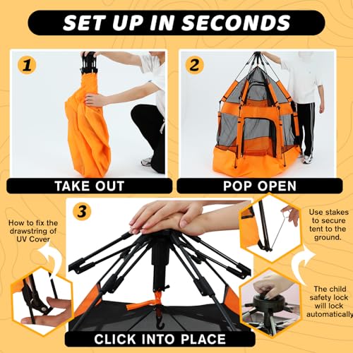 GEIYATOI Orange Baby Pop Up Playpen with UV Canopy & Safety Lock, Portable Indoor & Outdoor Toddler Play Yard