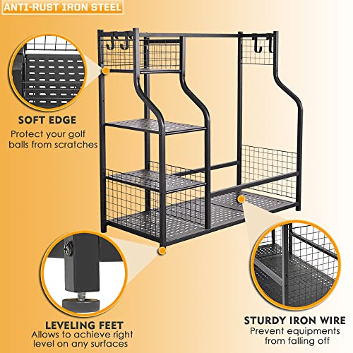 Golf Bag Garage Storage Organizer for 2 Bags - Black, Heavy Duty Metal Rack with Shelves & Hooks