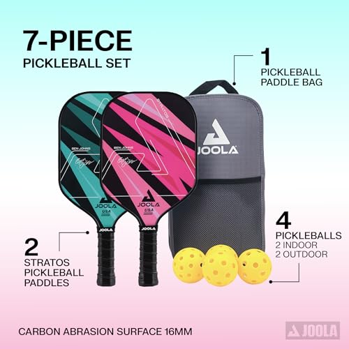 JOOLA Pickleball Paddles Set of 2 - Teal/Pink - Fiberglass Surface, Lightweight & Durable, Includes Balls & Bag, USAP Approved