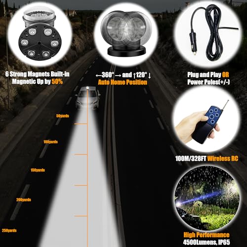 Remote LED Search Light for Trucks and Boats - Black 6000K 45W 4500LM