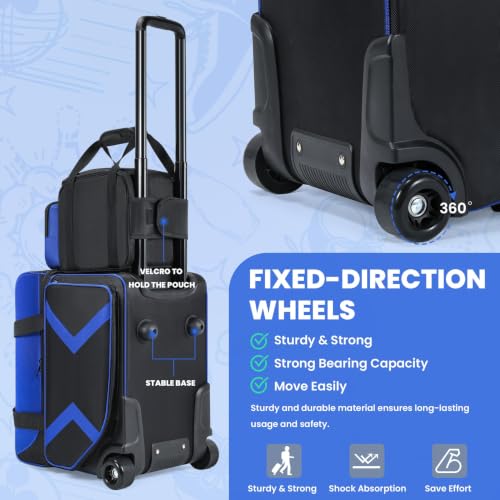 Blue 2+1 Ball Bowling Roller Bag with Wheels & Shoe Compartment - Fits Men & Women