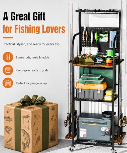 Fishing Rod Storage Rack with Shelves & Accessories Organizer
