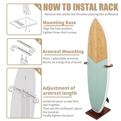 JUSTOOP Dark Brown Beech Wood Surfboard Stand Rack - Floor Standing Organizer for Shortboard & Longboard