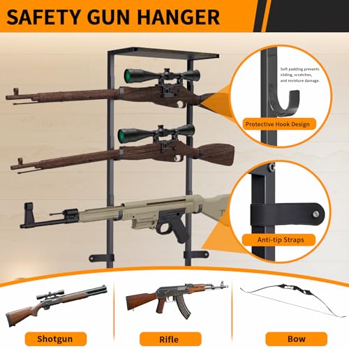 Large Indoor Rifle & Gun Floor Stand Rack with Pistol Holder - Heavy Duty Steel Wall Mount & Display