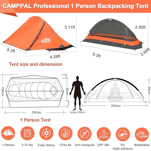 Camppal 1 Person Tent for Camping Hiking Mountain Hunting - Orange, 4-Season Waterproof Windproof