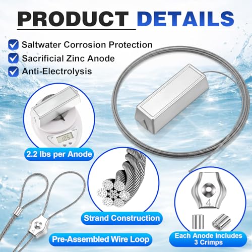 Marine Zinc Anode Kit for Boat and Pool Protection - 4 Pack, 2.2 lb Sacrificial Anodes with Stainless Steel Cables & Fittings