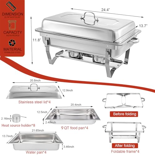 Stainless Steel Chafing Dishes Set for Buffet - 4 Pack 9 Quart Food Warmers