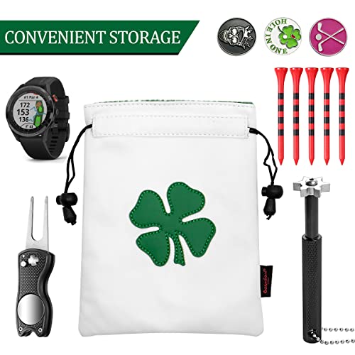 Leather Golf Valuables Pouch with Drawstrings - White - Men Women