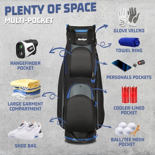 Beutyal 15-Way Lightweight Golf Cart Bag for Men with Cooler, Black Blue