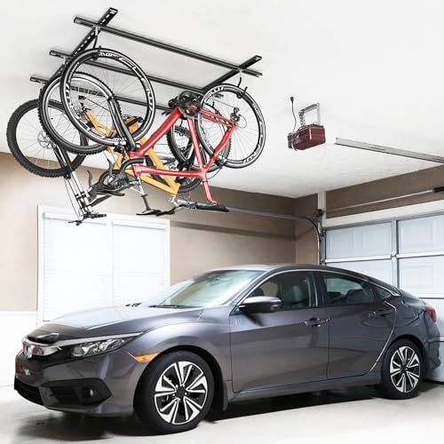 TORACK Ceiling Bike Rack for Garage - 3 Bikes Horizontal, Adjustable Overhead Bicycle Storage Hooks