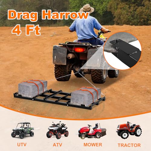 Black 4Ft Heavy Duty Drag Harrow for Gravel Soil Lawn Driveway Leveling