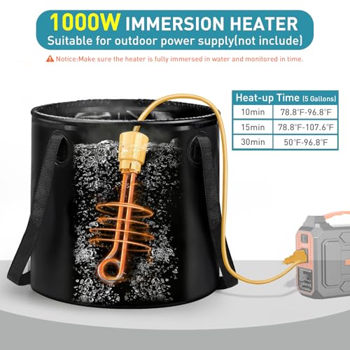 Portable Hot Shower Kit with Tent - 1000W Immersion Heater, Folding Bucket, Rechargeable Pump