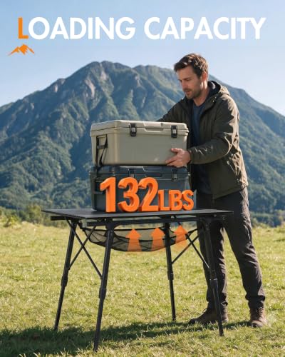 Portal Camping Folding Aluminum Table with Mesh Storage - Black, Large 35.4"L x 20.9"W, Adjustable Height