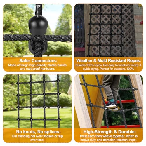 Kids Outdoor Climbing Cargo Net 30x139 Inches No-Knot Nylon Playground Net - Black