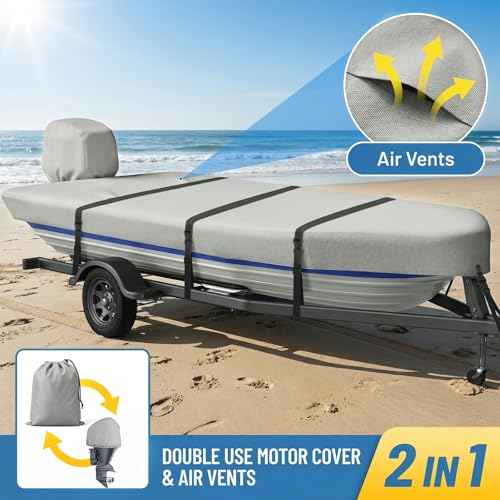 1200D Gray 16ft Jon Boat Cover with Metal Hooks and Reinforced Seams