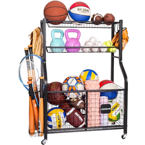 Sports Equipment Organizer with Wheels - Garage Ball Storage, 36 x 16 inches