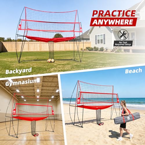 JOLORLY 12x11 ft Red Volleyball Practice Net Station - Adjustable Height, Backyard Training System
