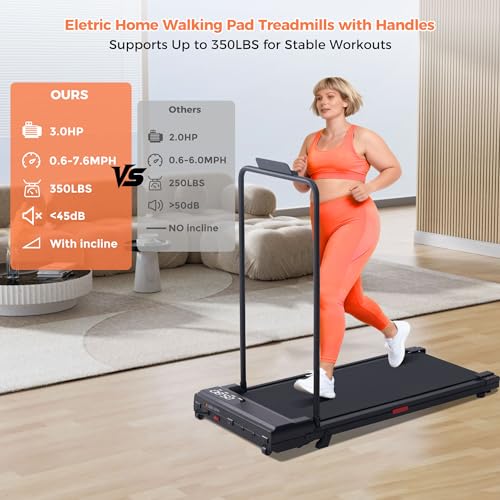 Portable Home Walking Pad Treadmill with Handle Bar, Compact Exercise Machine