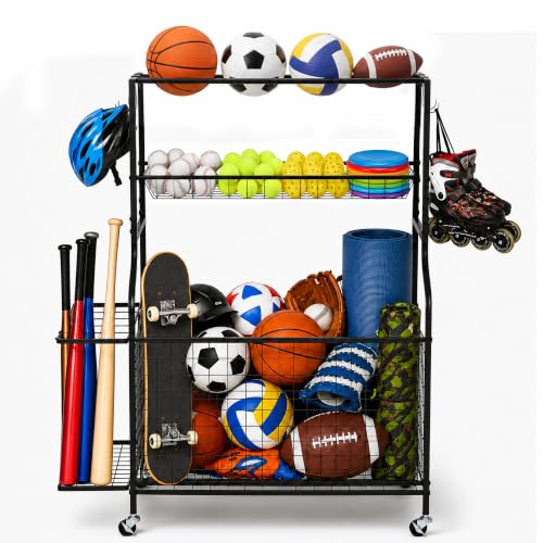 Garage Sports Equipment Storage Rack with Wheels, Ball, Bat, and Toy Organizer